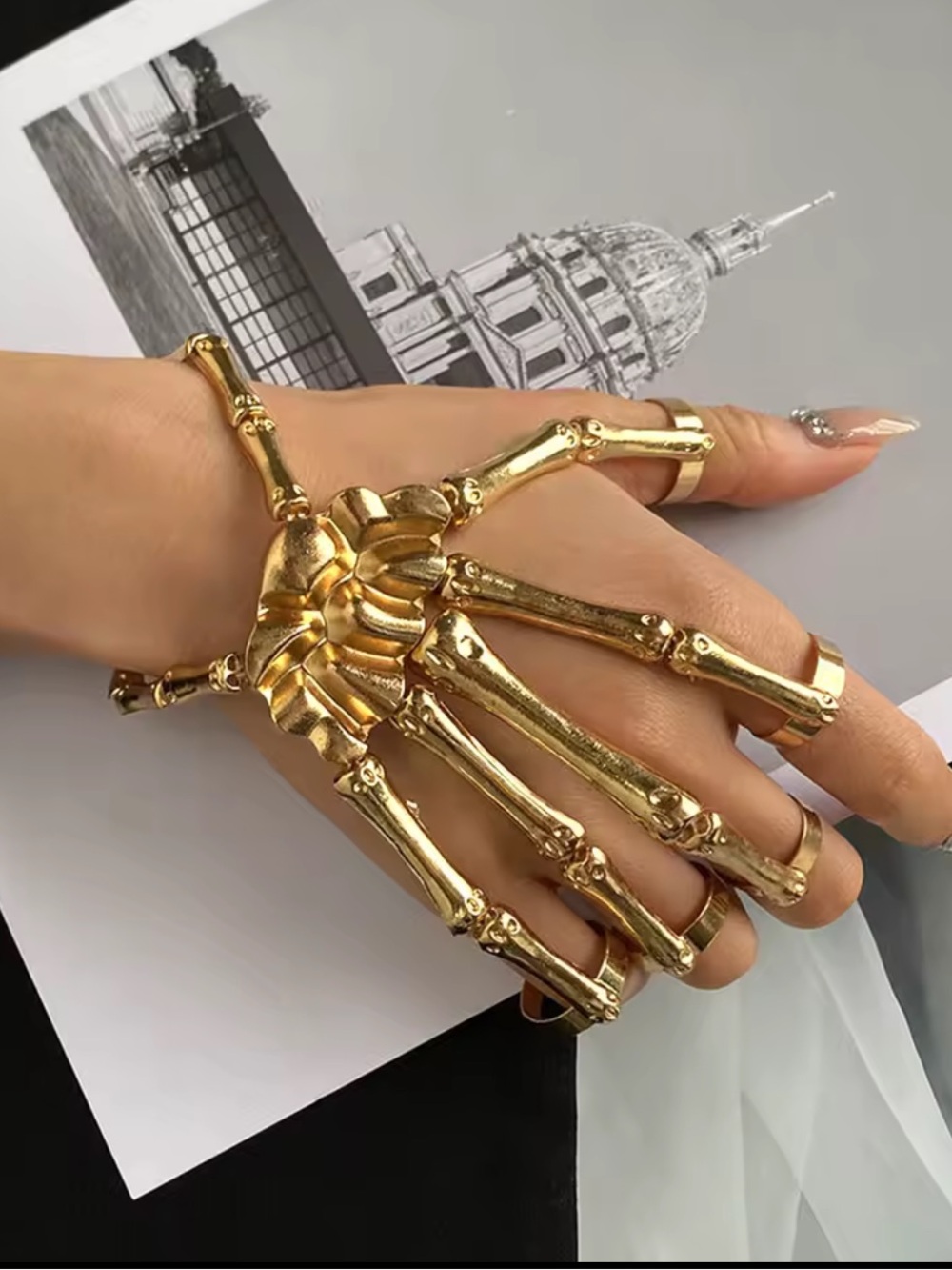 Gold Tone Skeleton Hand Bracelet Ring Statement Gothic Hand Jewelry